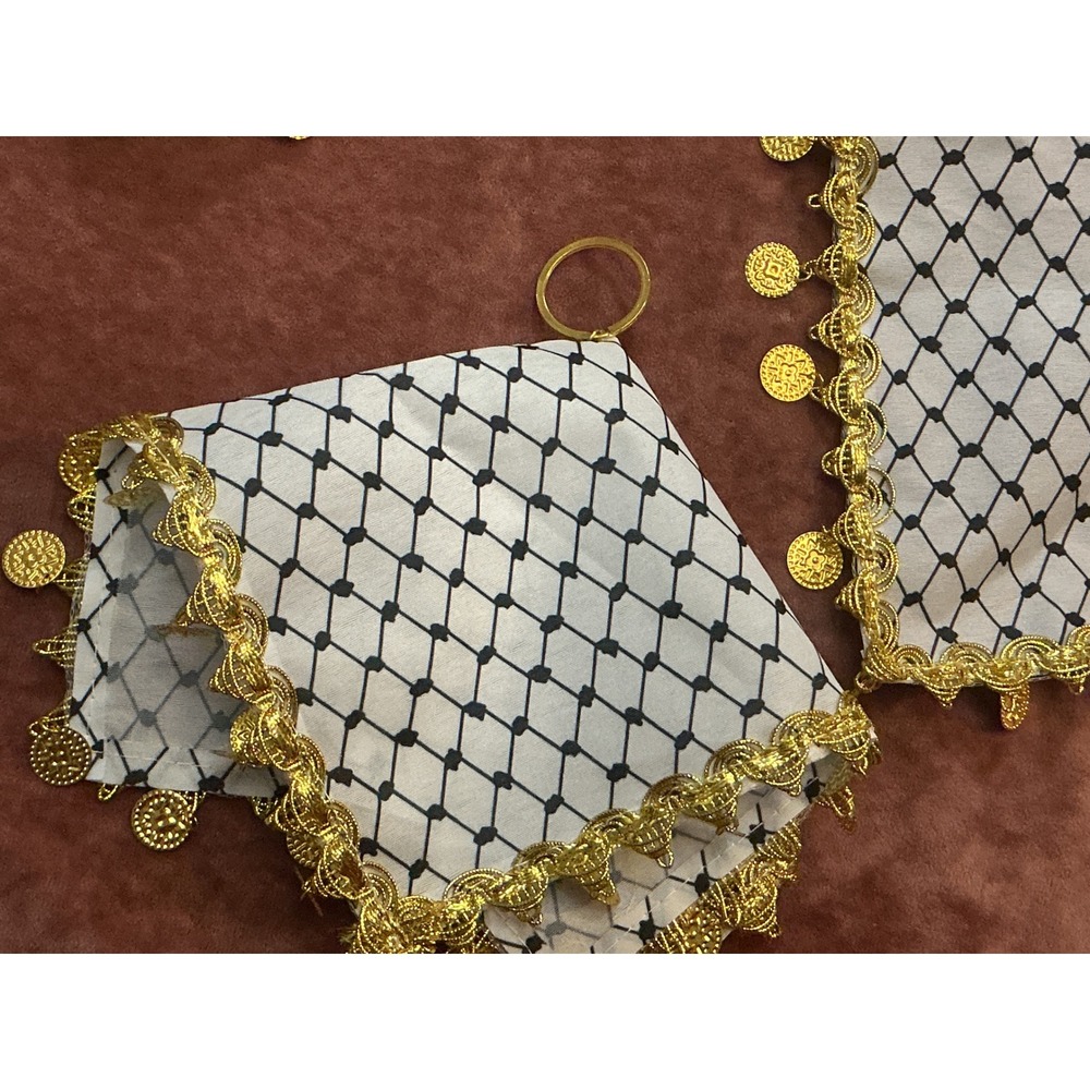 Set of 4 Keffiyeh Pattern Napkins with Gold Coin Trim and Hanging Rings Henna